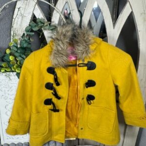 Vibrant Yellow Kids Pea Coat with Faux Fur Trim